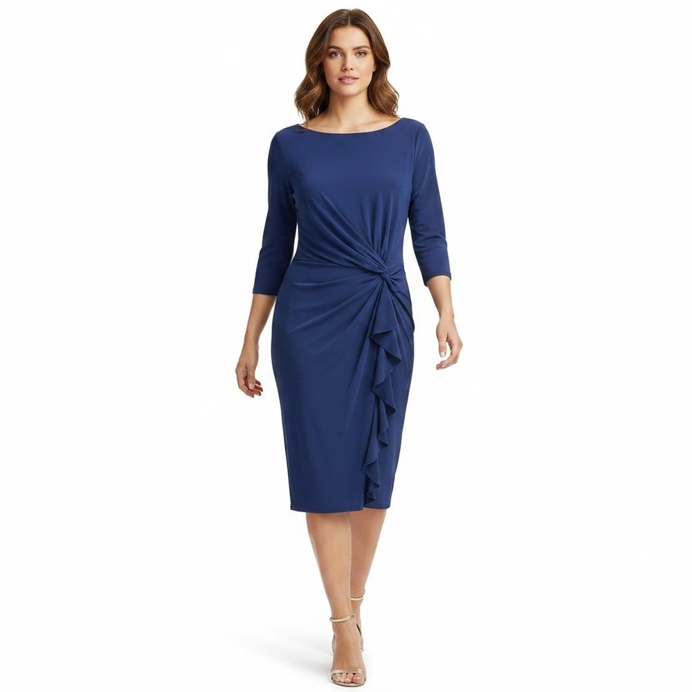 Lauren Ralph Lauren Dress 16 Blue Ruched Side Knot Ruffle Cocktail Wedding Guest